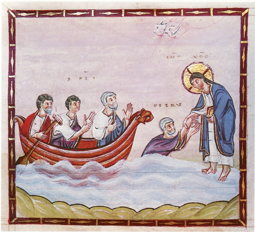 Спасение утопающего Петра. Книжная миниатюра 10 века из Codex Egberti, fol. 27v.(1) Спасение утопающего Петра. Книжная миниатюра 10 века из Codex Egberti, fol. 27v.(1)
